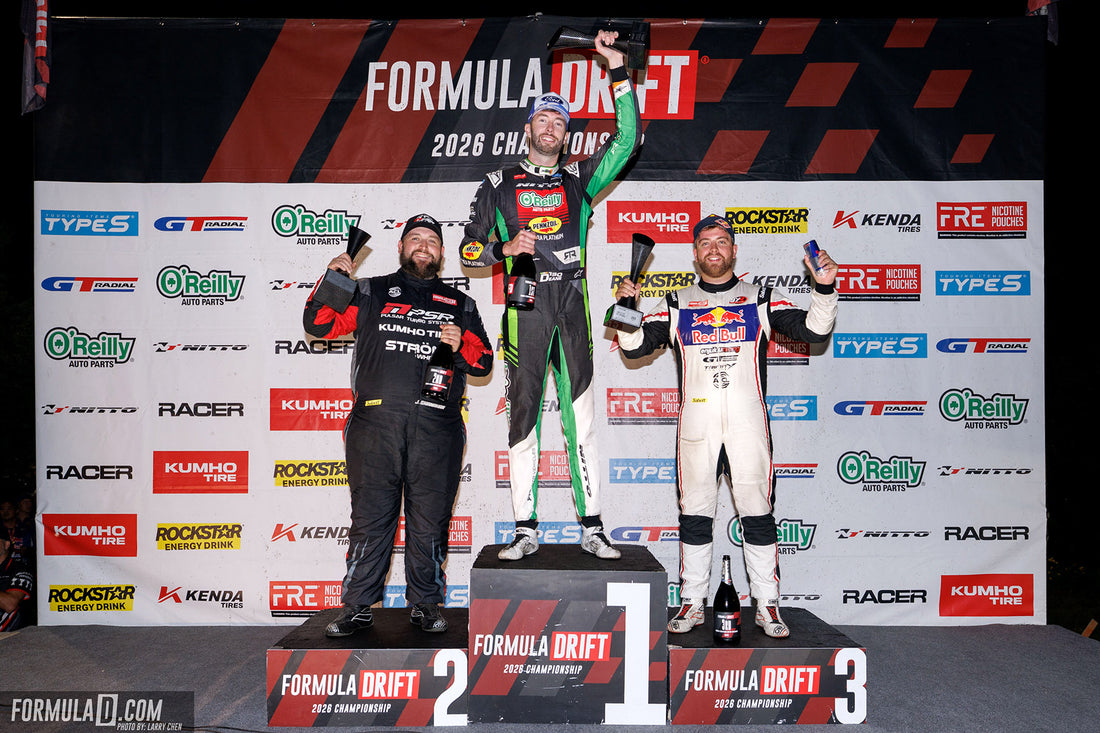 James Deane, Jack Shanahan and Conor Shanahan on the first all-Irish Formula Drift podium, Round 4, Connecticut.